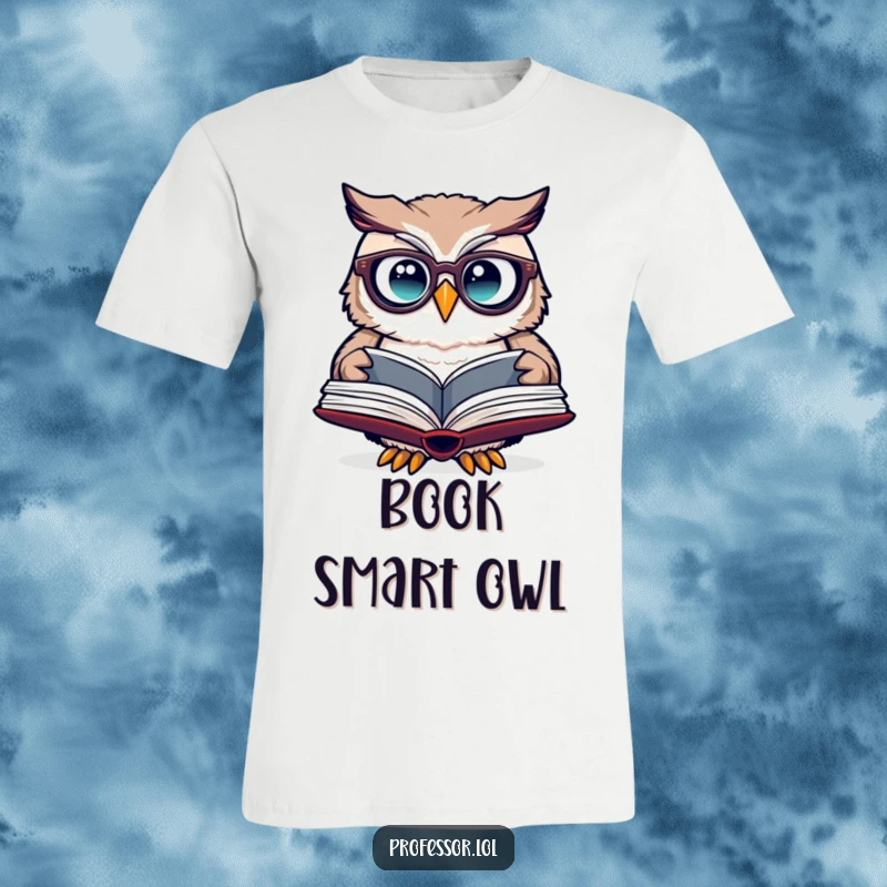 Funny owl spectacles t-shirt featuring a cute owl wearing glasses, intensely focused on an open book.