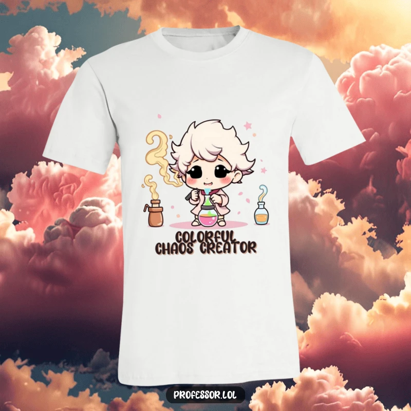 Funny t-shirt with a character happily experimenting and producing colorful smoke, perfect for creative and playful individuals.