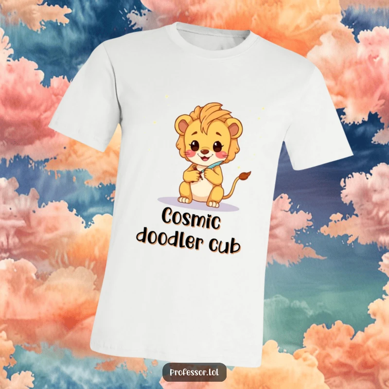 Funny Lion Cub Artist T-Shirt: A happy Kawaii lion cub sketching a fantastical galaxy with a glowing quill, radiating creativity.