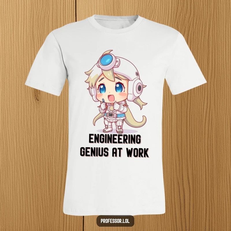 Funny t-shirt of a character enthusiastically inspecting a massive, intricate model, ideal for builders.