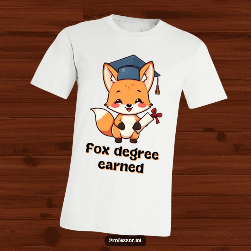 Funny graduation fox t-shirt showing a cheerful fox in a tiny cap, holding a diploma with excitement.