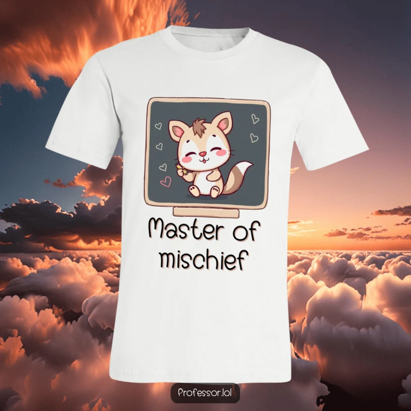 Funny t-shirt with a naughty animal character caught in the act of scribbling on a chalkboard using chalk, embodying playful disruption.