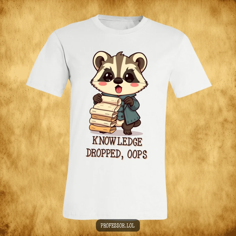 Funny Kawaii badger professor t-shirt, surprised while dropping ancient scrolls, academic humor, perfect for students and teachers.