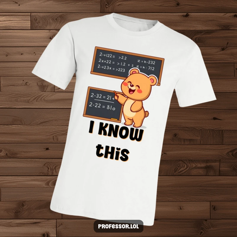 Funny Bear Math T-Shirt: Joyful bear enthusiastically points at a complex equation, showcasing intelligence and humor.