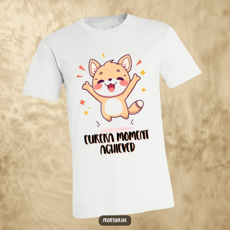 Funny t-shirt depicting a cute animal character performing an ecstatic jump, celebrating a moment of discovery or a successful breakthrough.