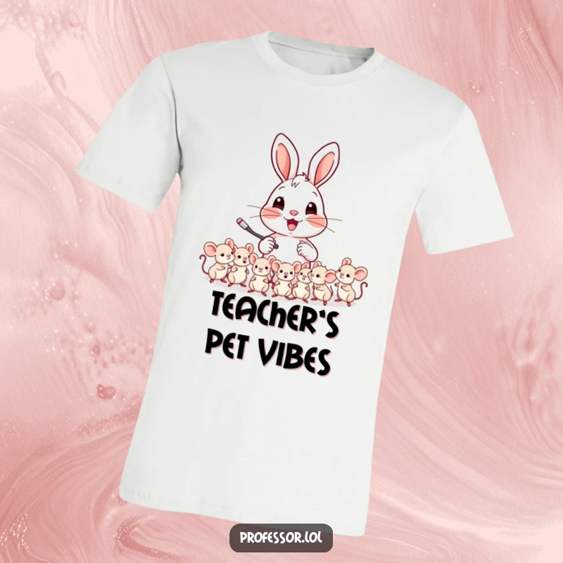 Funny t-shirt graphic of a cheerful rabbit character teaching a lesson to a group of tiny, captivated mice.