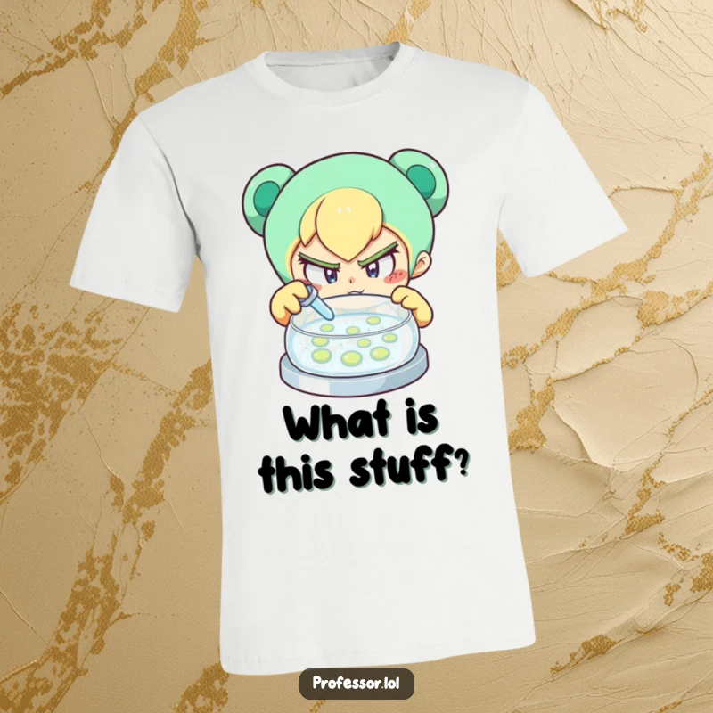 Funny t-shirt with a determined character looking curiously at a petri dish, perfect for science enthusiasts and humor lovers.