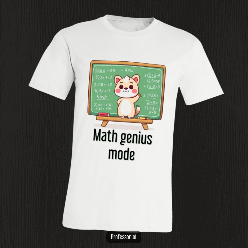 Funny t-shirt featuring an animal character joyfully scribbling mathematical equations on a large chalkboard, showcasing intellect and fun.