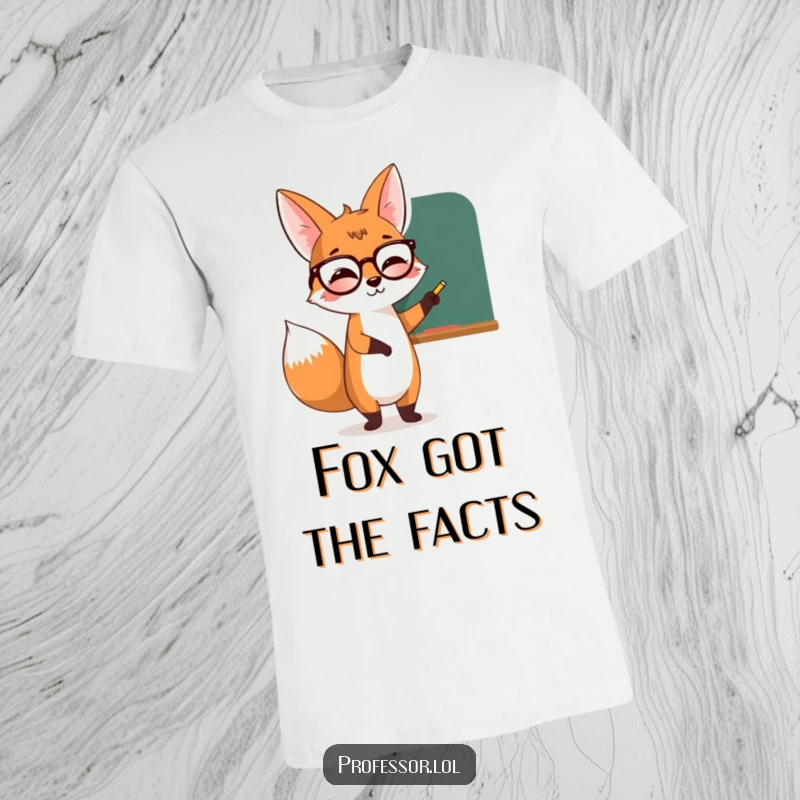 Funny giggling fox character wearing glasses, pointing excitedly at a chalkboard on this smart t-shirt.