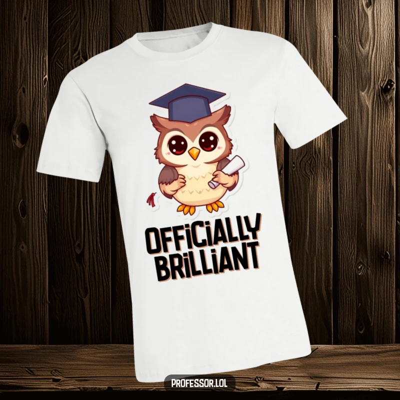 Funny happy owl character in a graduation cap holding a diploma, looking proud on this celebratory t-shirt.