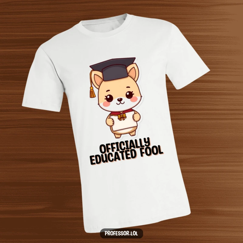Funny graduation animal t-shirt showing a cute character in a cap holding a diploma, expressing academic joy and a funny celebratory mood.