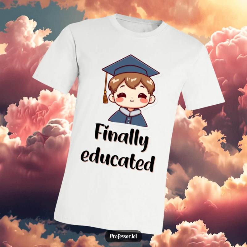 Funny Graduation T-Shirt: A character sports a graduation cap tilted jauntily, showcasing pride and a fun-loving attitude after graduating.