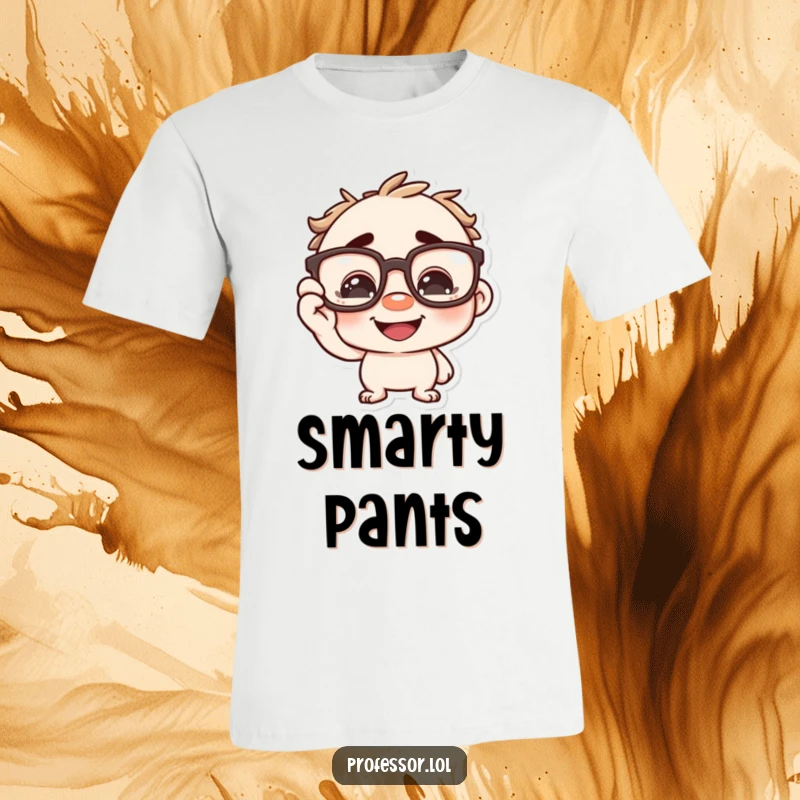 Funny character playfully adjusting oversized spectacles on its nose with a grin, perfect for smarty pants. A witty and funny tee.