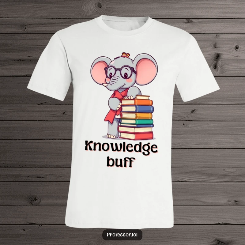 Funny Kawaii elephant professor character with a massive pile of books, looking focused on this humorous t-shirt.