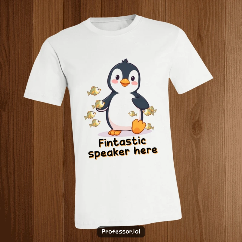 Funny t-shirt with a playful penguin lecturing tiny fish, celebrating aquatic life and humor.