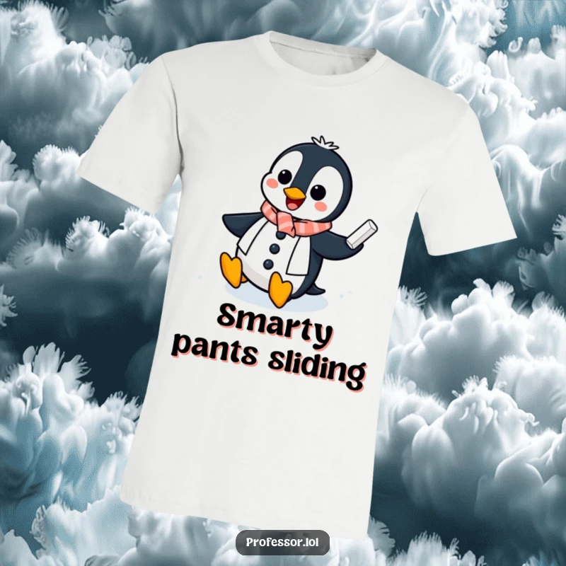 Funny Penguin Professor T-Shirt: A cheerful penguin professor slides across an icy chalkboard, a hilarious and educational graphic tee.
