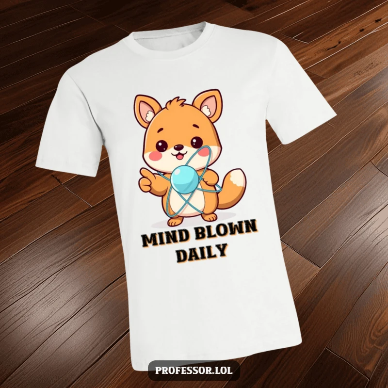 Funny t-shirt with a cute animal character excitedly pointing at a spinning atom model, conveying wonder and scientific curiosity.