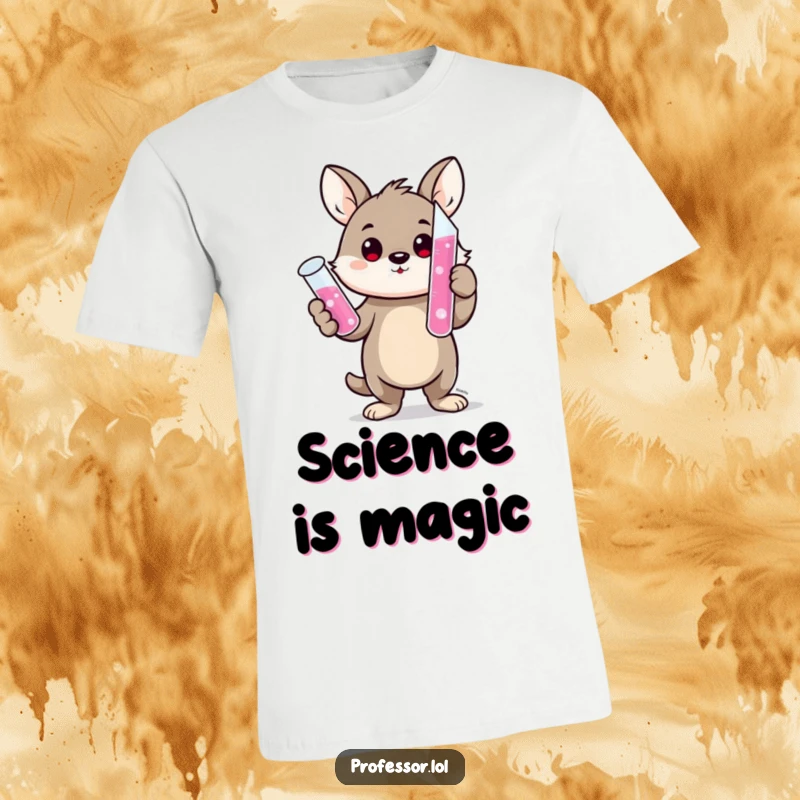 Funny t-shirt with a cute animal character proudly displaying a test tube with pink bubbling liquid, embodying scientific success.