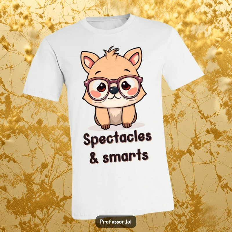 Funny t-shirt showcasing a cute animal character with spectacles humorously perched on its nose, radiating studious silliness.