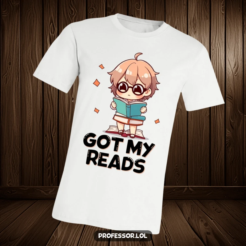 Funny t-shirt depicting a character intensely concentrating while juggling several books, a humorous reading scene.