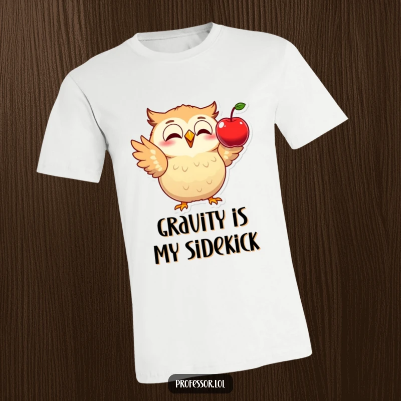 Funny t-shirt with an excited owl demonstrating physics using a falling apple, celebrating science and humor.