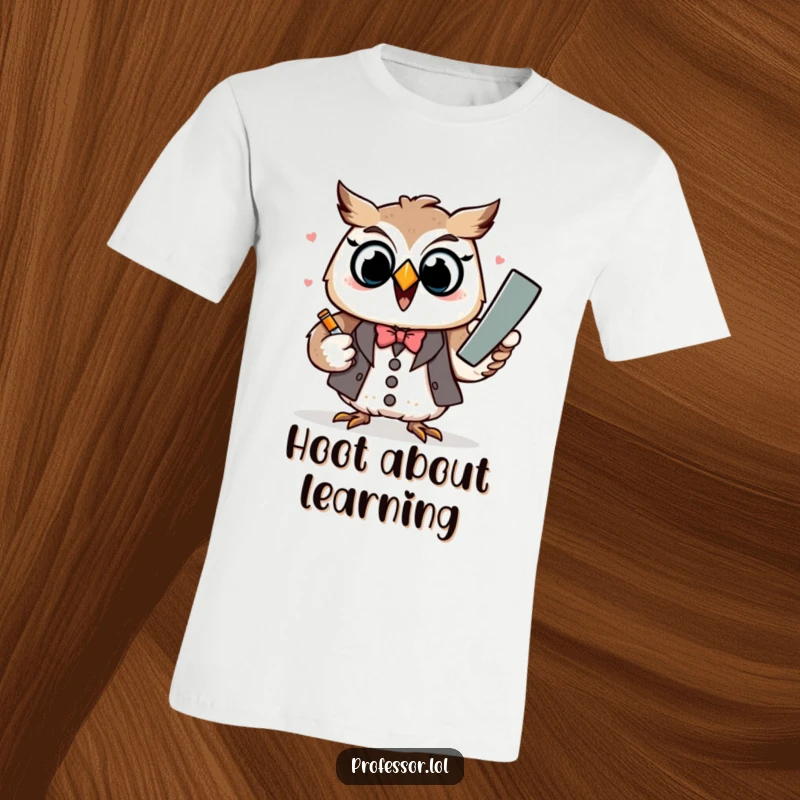 Funny Kawaii owl professor character excitedly explaining with chalk, printed on a comfortable graphic t-shirt.