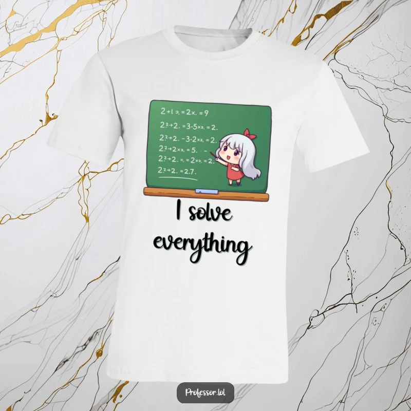 Funny t-shirt of a character pointing with excitement at math equations written on a chalkboard.