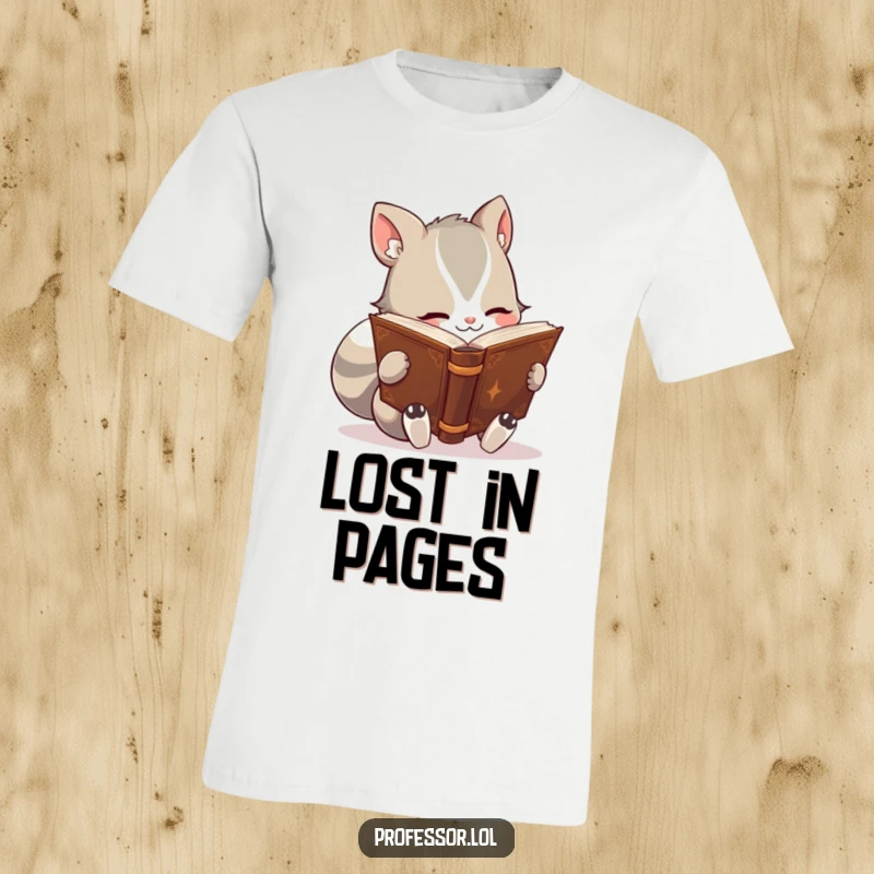 Funny t-shirt with a cute animal character engrossed in reading a thick, ancient-looking book, embodying a deep love for stories.