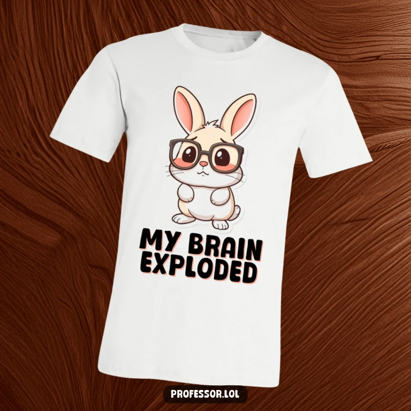 Funny t-shirt featuring a rabbit with gigantic spectacles, eyes wide with surprise and a look of pure confusion.