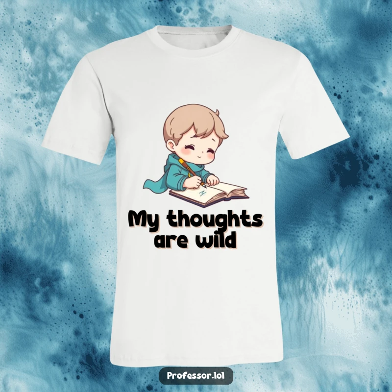 Funny t-shirt depicting a character furiously writing with a quill, embodying literary inspiration.