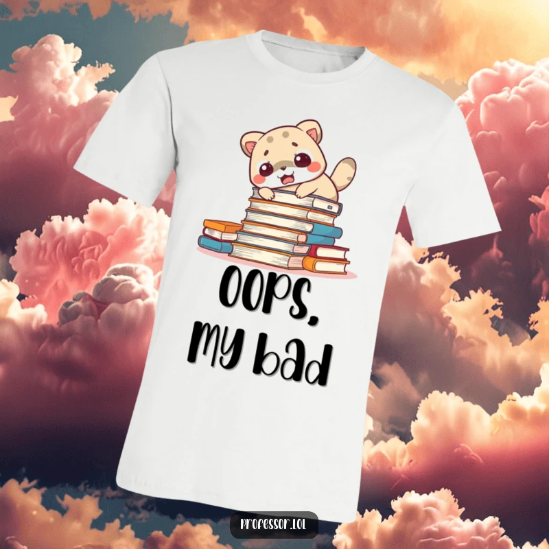 Funny startled animal t-shirt depicting a cute character startled amidst a fallen tower of books, illustrating humorous literary accidents.
