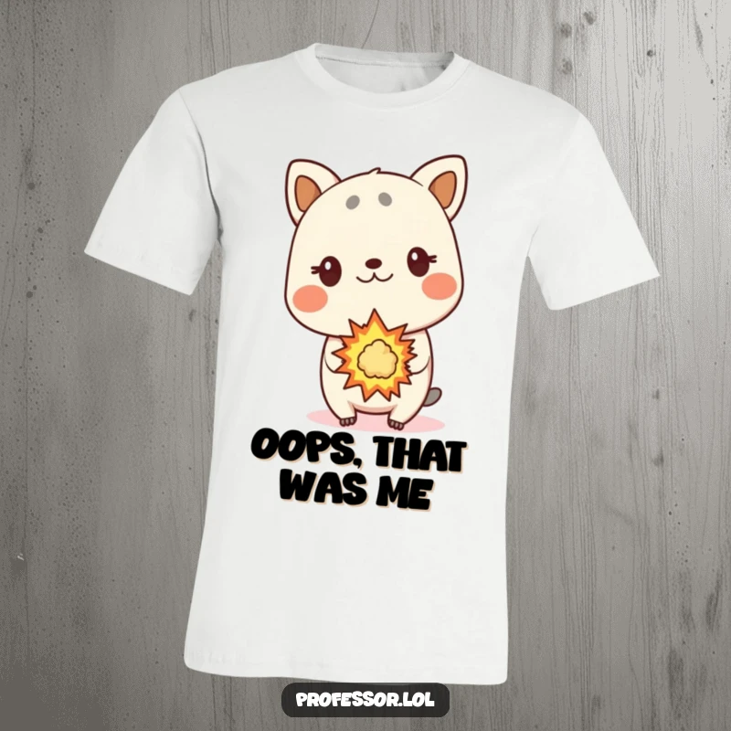 Funny animal t-shirt, surprised reaction, small controlled explosion, unexpected event, humorous apparel.