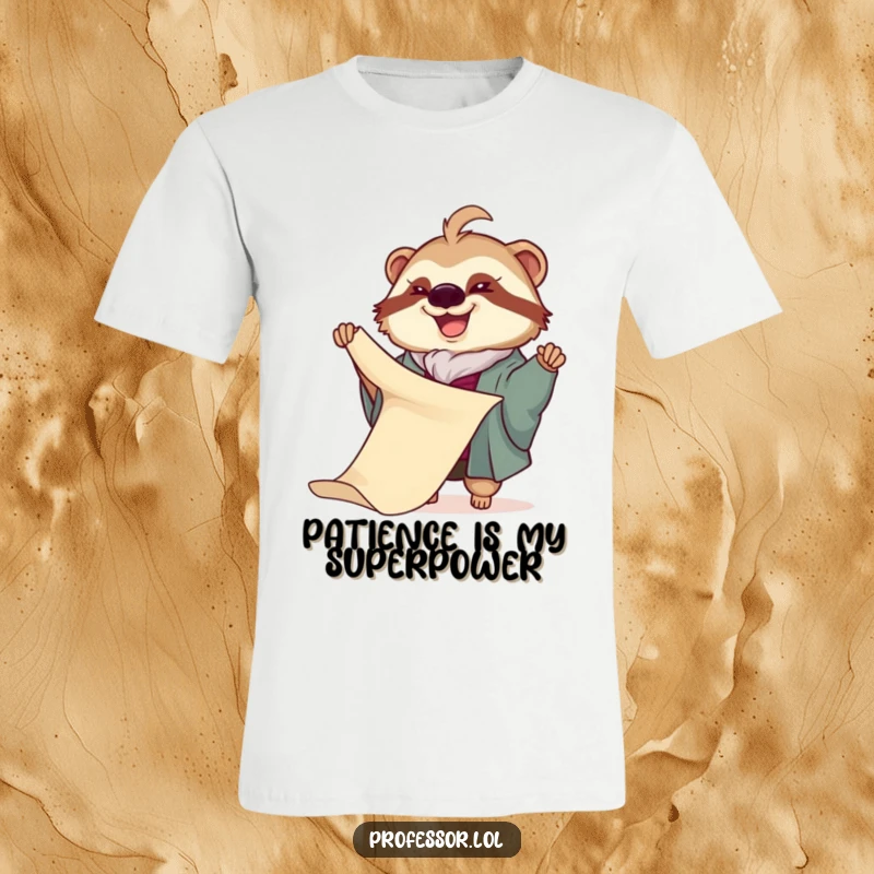 Funny Sloth Professor T-Shirt: A joyful sloth professor slowly unfurls a very long scroll, a humorous and relaxed graphic tee.
