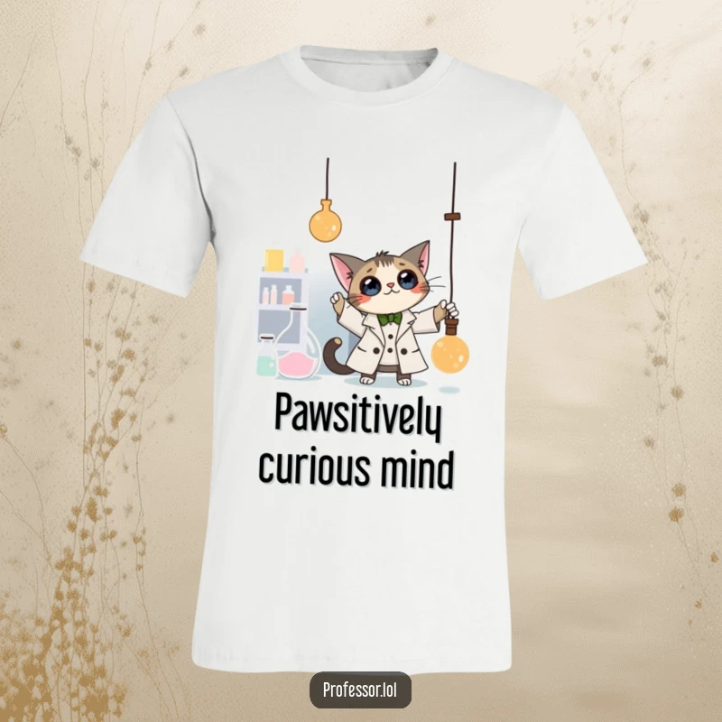 Funny Cat Professor T-Shirt: A curious cat professor bats at a dangling pendulum in a laboratory, a humorous and engaging graphic tee.
