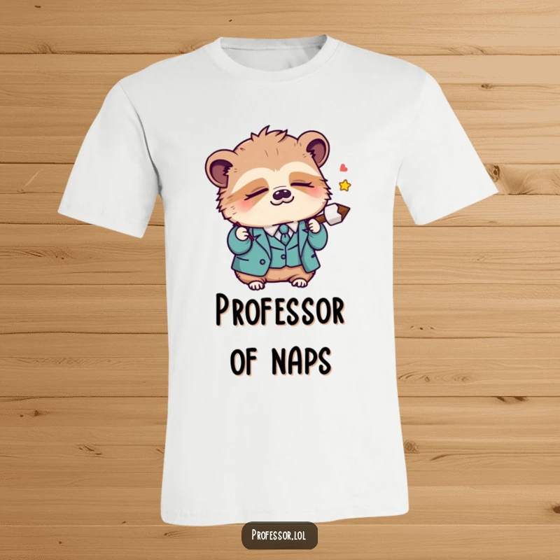 Funny Kawaii sloth professor dozing off while holding a lecture pointer, printed on a comfortable t-shirt, celebrating gentle humor.