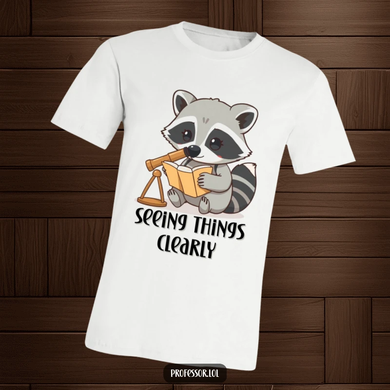Funny t-shirt graphic of a curious raccoon character using a telescope to get a closer look at a book.