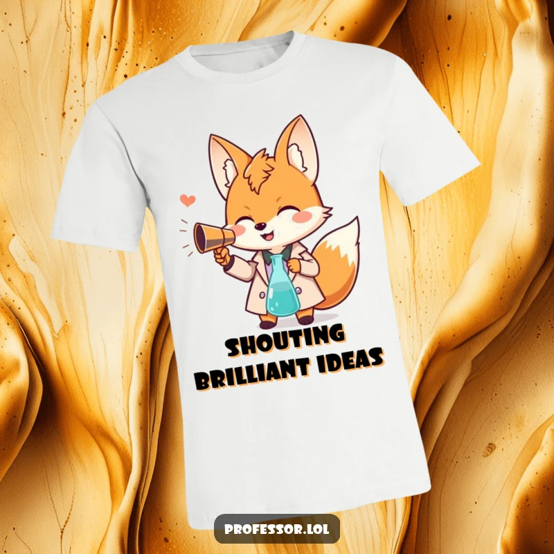 Funny Kawaii fox professor t-shirt, giggling character using a beaker as a megaphone, science humor, perfect for educators.
