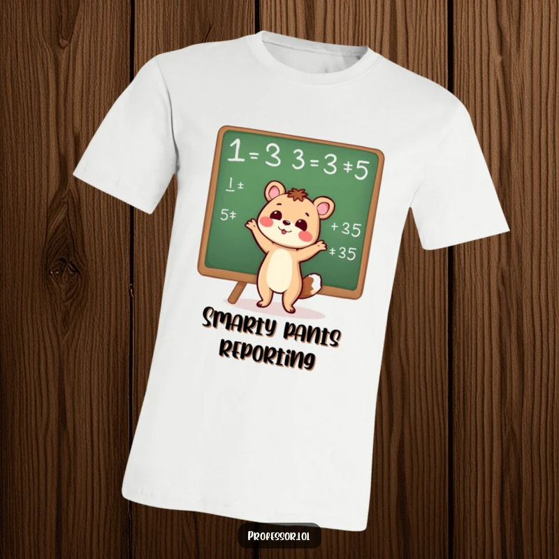 A cute animal enthusiastically gestures at a chalkboard filled with mathematical equations on this funny t-shirt.
