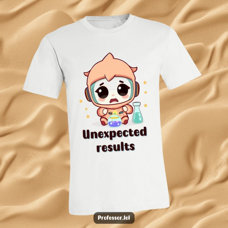 Funny Science T-Shirt: Depicts a character expressing amazement as a tiny spark flies from a scientific experiment, celebrating discovery.