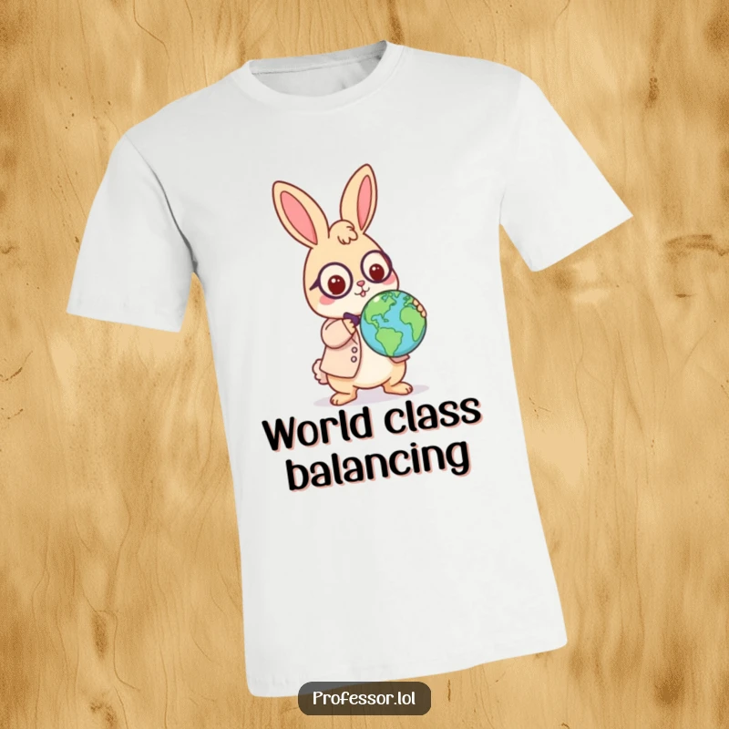 Funny Kawaii rabbit professor t-shirt, playful character balancing a globe on its nose, world traveler humor, perfect for students.