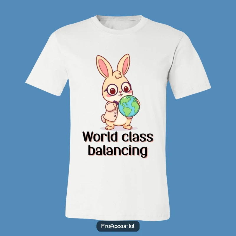 Funny Rabbit Professor T-Shirt: Playful Globe Balancing Act, Gift