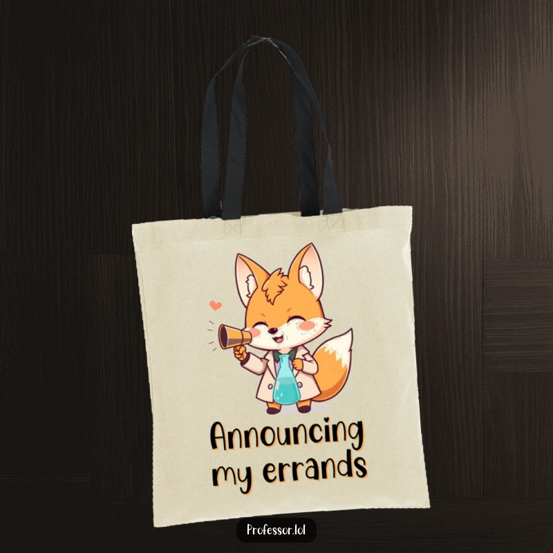 Funny Kawaii fox professor tote bag, giggling character using a beaker as a megaphone, practical and humorous accessory for students.