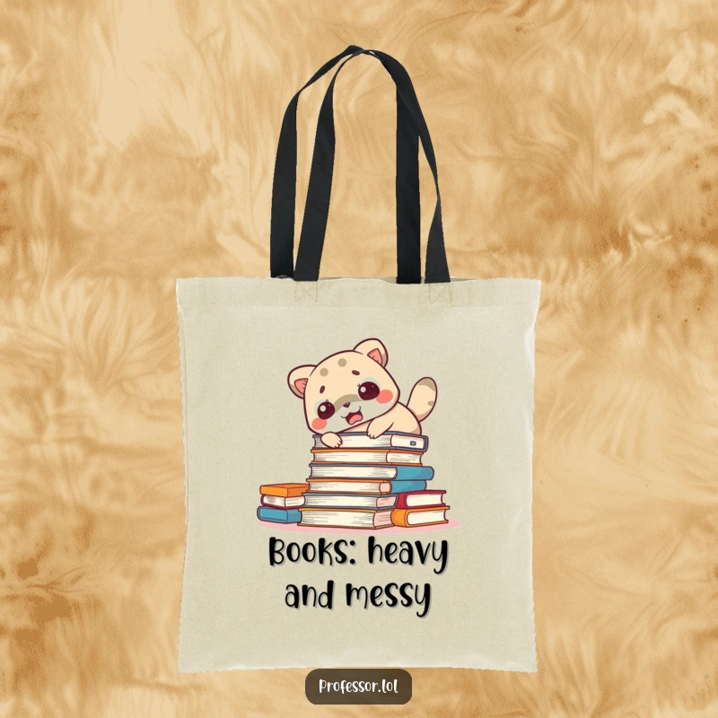 Funny startled animal tote bag showing a cute character surprised by spilled books, a humorous and practical accessory for book lovers.