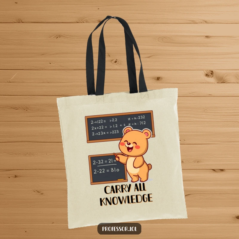 Funny Bear Math Tote Bag: Joyful bear enthusiastically points at a complex equation, a practical and humorous accessory for academics.