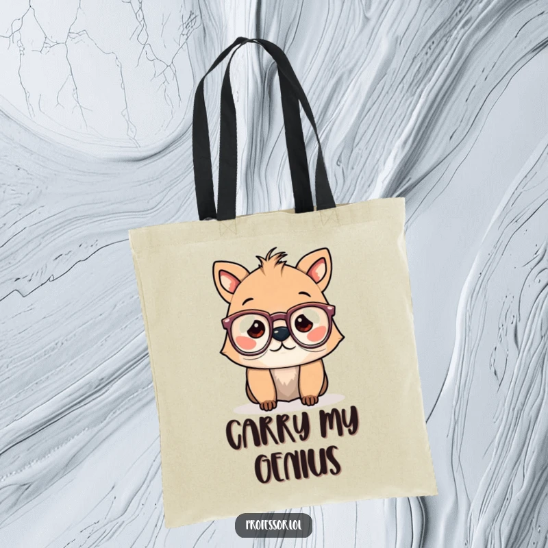 Funny tote bag with a cute animal character wearing spectacles that are precariously perched, adding a humorous touch to daily carry.