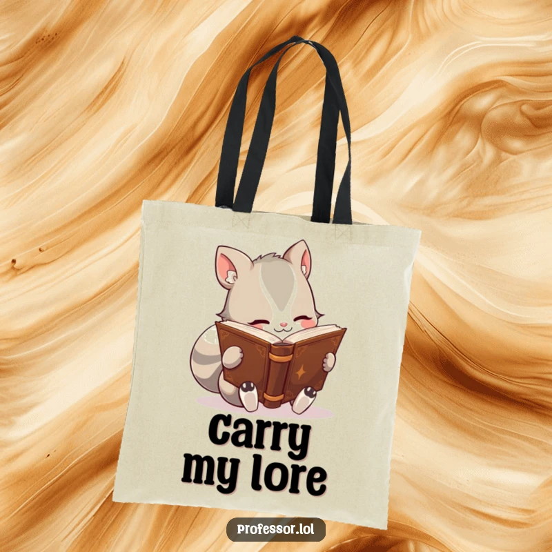 Funny tote bag with a cute animal character engrossed in reading a thick, ancient-looking book, perfect for carrying books with style.