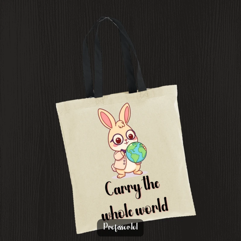 Funny Kawaii rabbit professor tote bag, playful character balancing a globe on its nose, practical and humorous accessory for students.