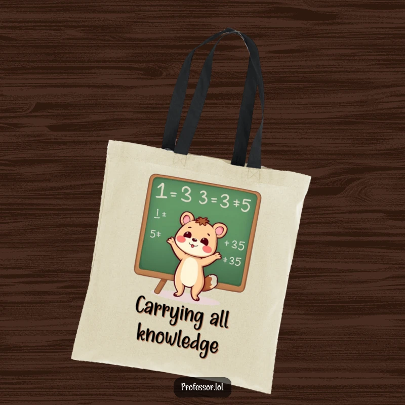 Cute animal enthusiastically gesturing towards a chalkboard equation, printed on a durable tote bag for scholars.