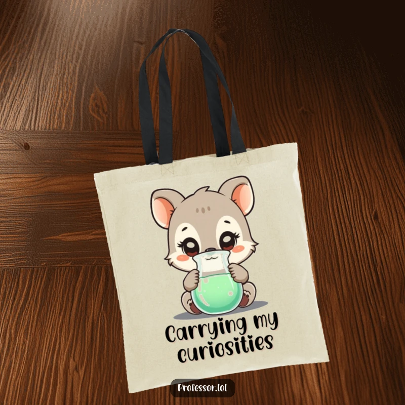 Funny tote bag with a curious animal character observing a bubbling beaker, perfect for carrying essentials with scientific flair.