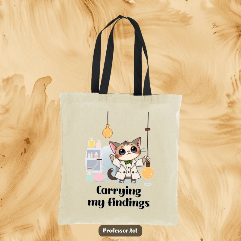 Funny Cat Professor Tote Bag: A curious cat professor bats at a dangling pendulum in a laboratory, a humorous and functional tote.